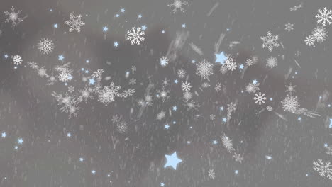 digital animation of snow falling against multiple snowflakes and stars icons on grey background