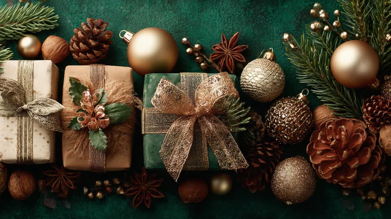 Una composizione festiva di regali incartati con eleganza, circondati da elementi naturali e ornamenti decorativi, perfetta per celebrazioni stagionali e allegria festiva