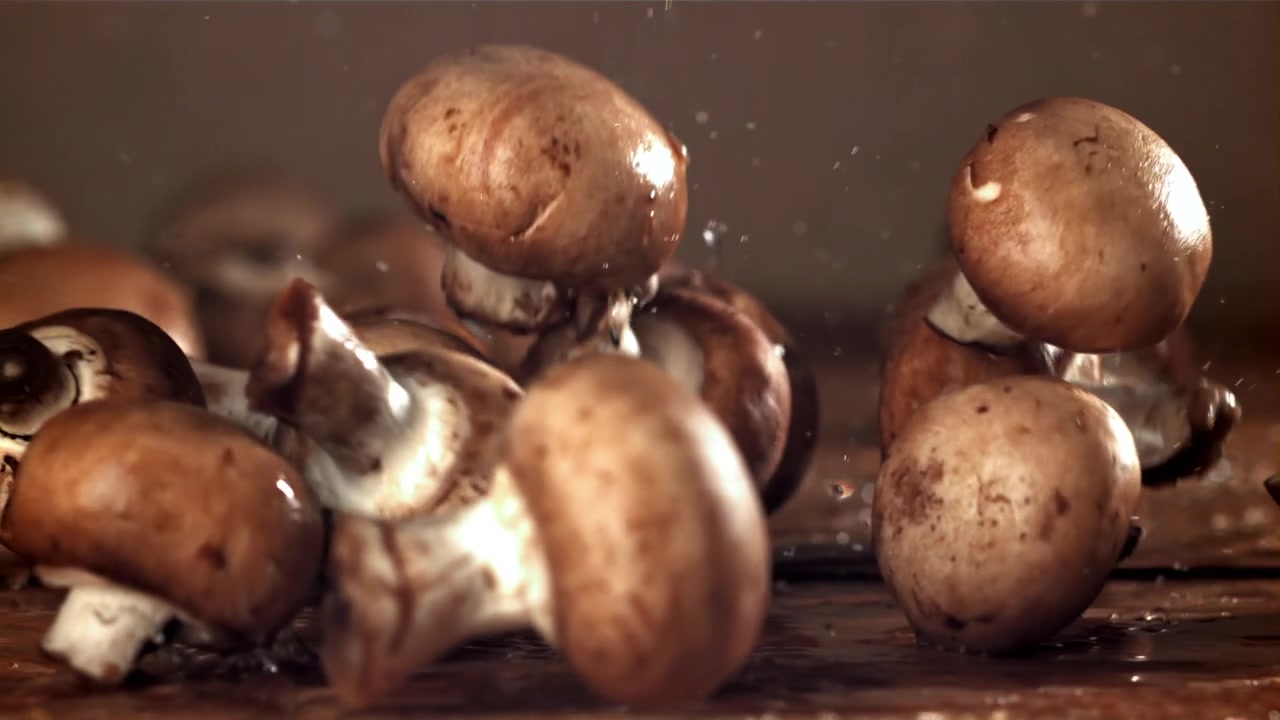 Friske champignoner falder ned på et vådt træbord i slowmotion