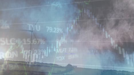 animation of financial data processing and powders over wind turbine
