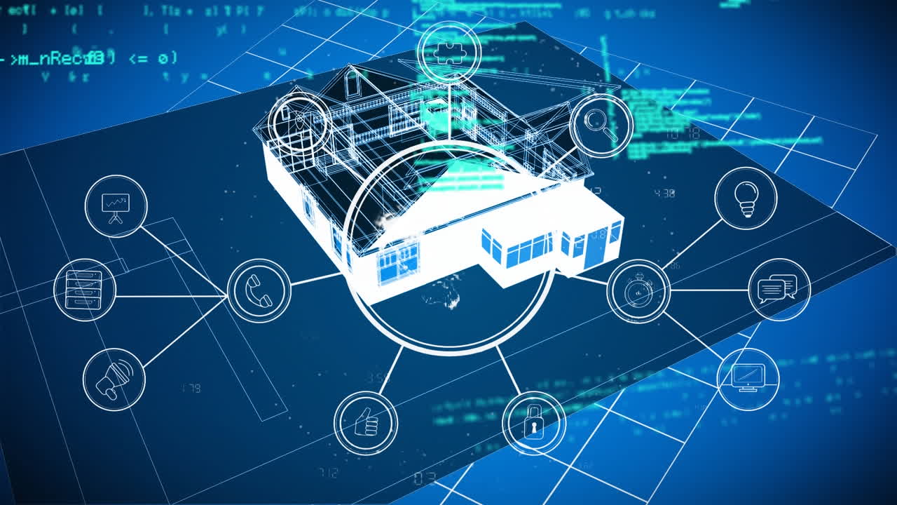 애니메이션 미디어 아이콘과 집 계획에 대한 정보는 디지털 통신 기술을 강조합니다.