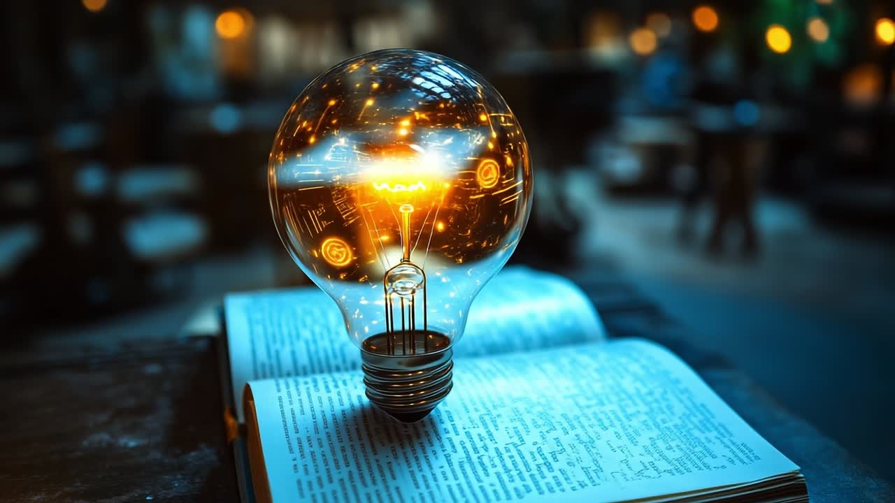 Light bulb glowing above an open book. A glowing light bulb hovers above an open book, illuminating the pages with a warm, inviting glow in a cozy setting.