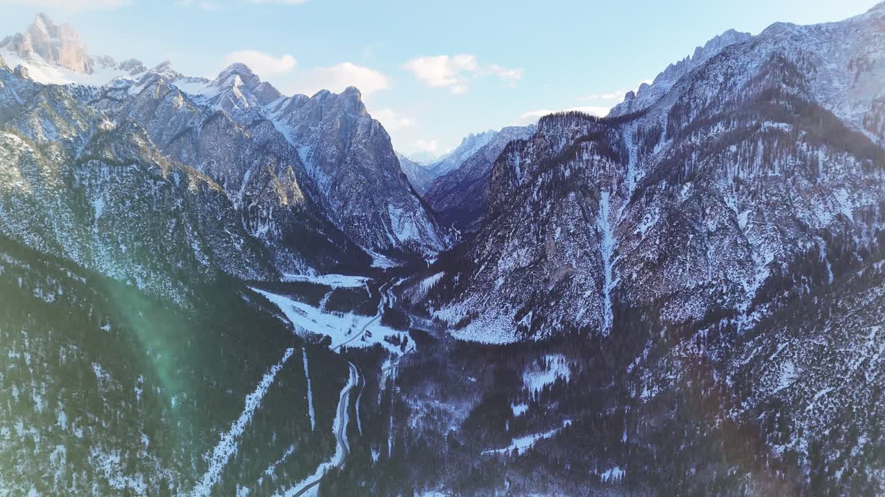 Outstanding landscape of the Italian Dolomites during winter season (drone footage)