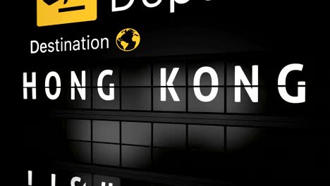 3d generated animation, analog flight information display board with the arrival city of hong kong