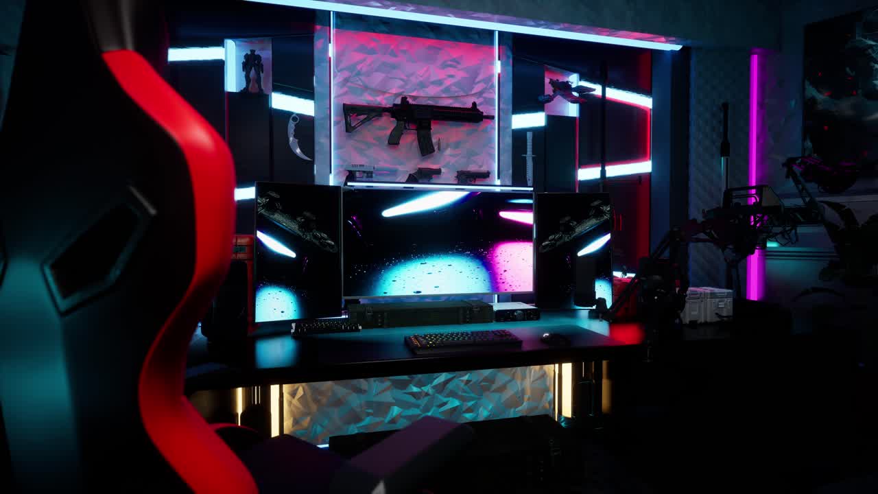 Sala de jogos futurista ou setup de e-sports com iluminação neon