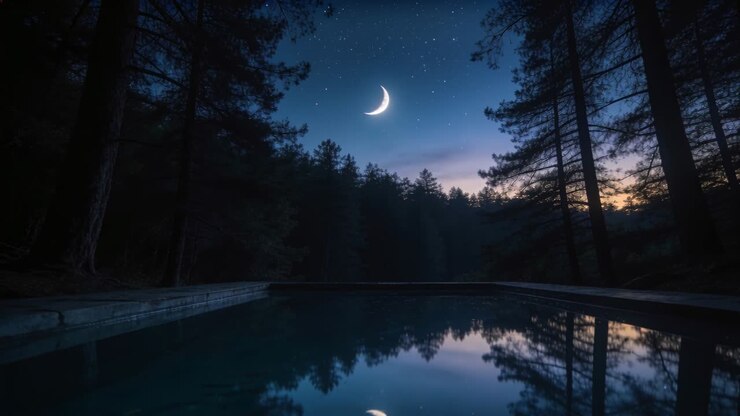 Hanging crescent moon reflecting in still water at lakeside concrete edge while twilight fading