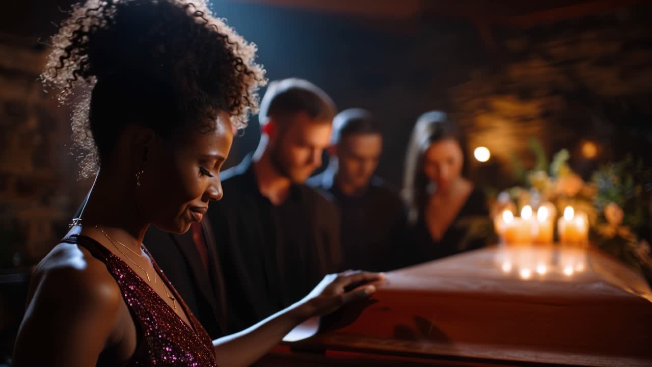 Grieving woman stands beside a coffin. Candles glow softly in the dim room. Others stand behind, heads bowed. Sadness hangs heavy in the quiet air. Ideal for solemn funeral or memorial scenes