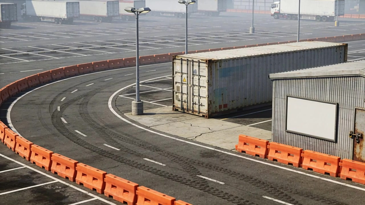 Camera filming curved roadway during crew placing orange barriers at truck lot, showing reroute