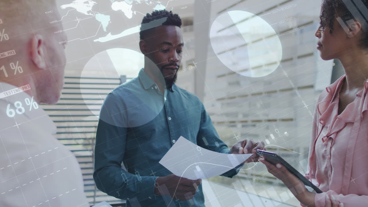 Animation of data processing over diverse business people in office