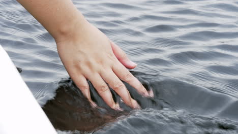 hand touching water in the forest river or lake