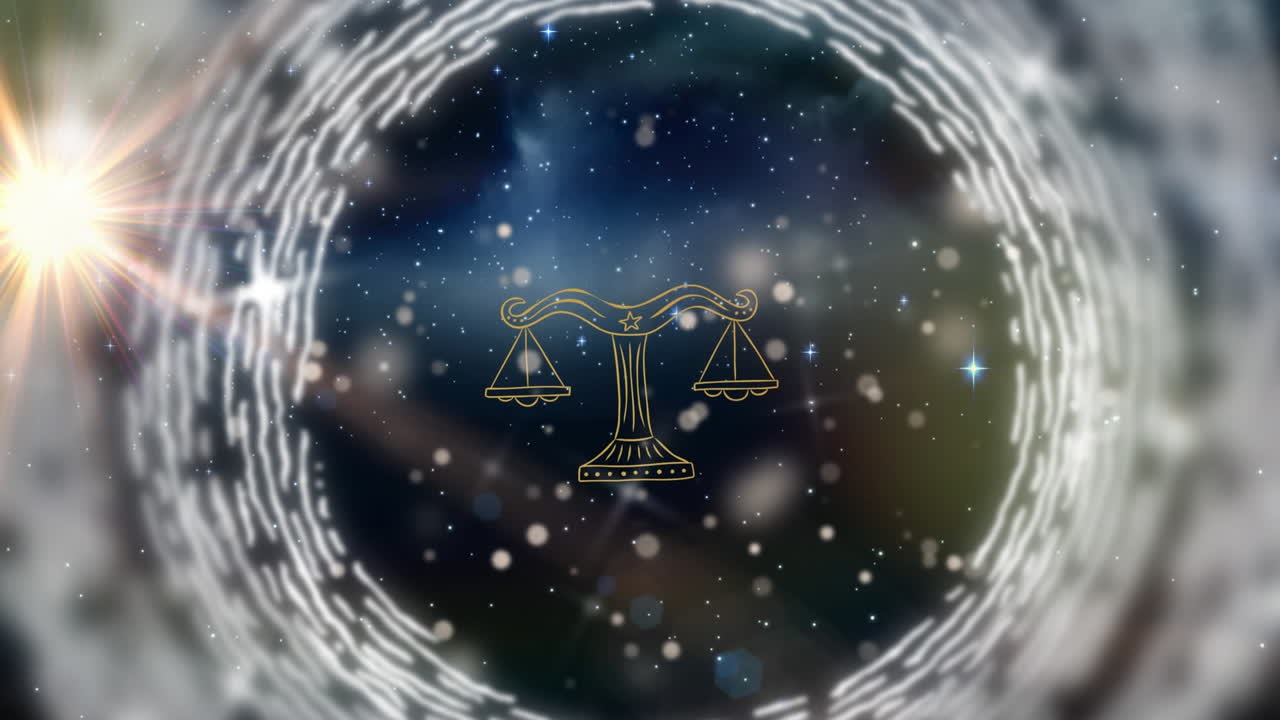 animación del signo de la estrella libra sobre el universo y las estrellas brillantes