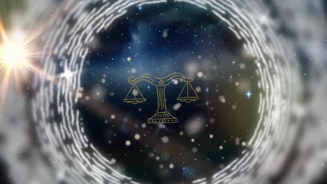 animation of libra star sign over universe and glowing stars