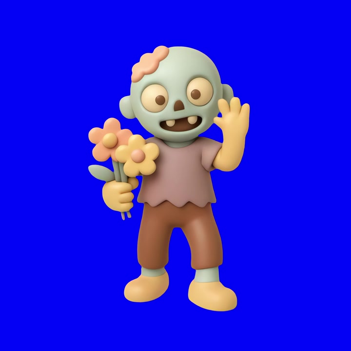 Sød 3D tegneserie zombiefigur, der vinker og holder blomster