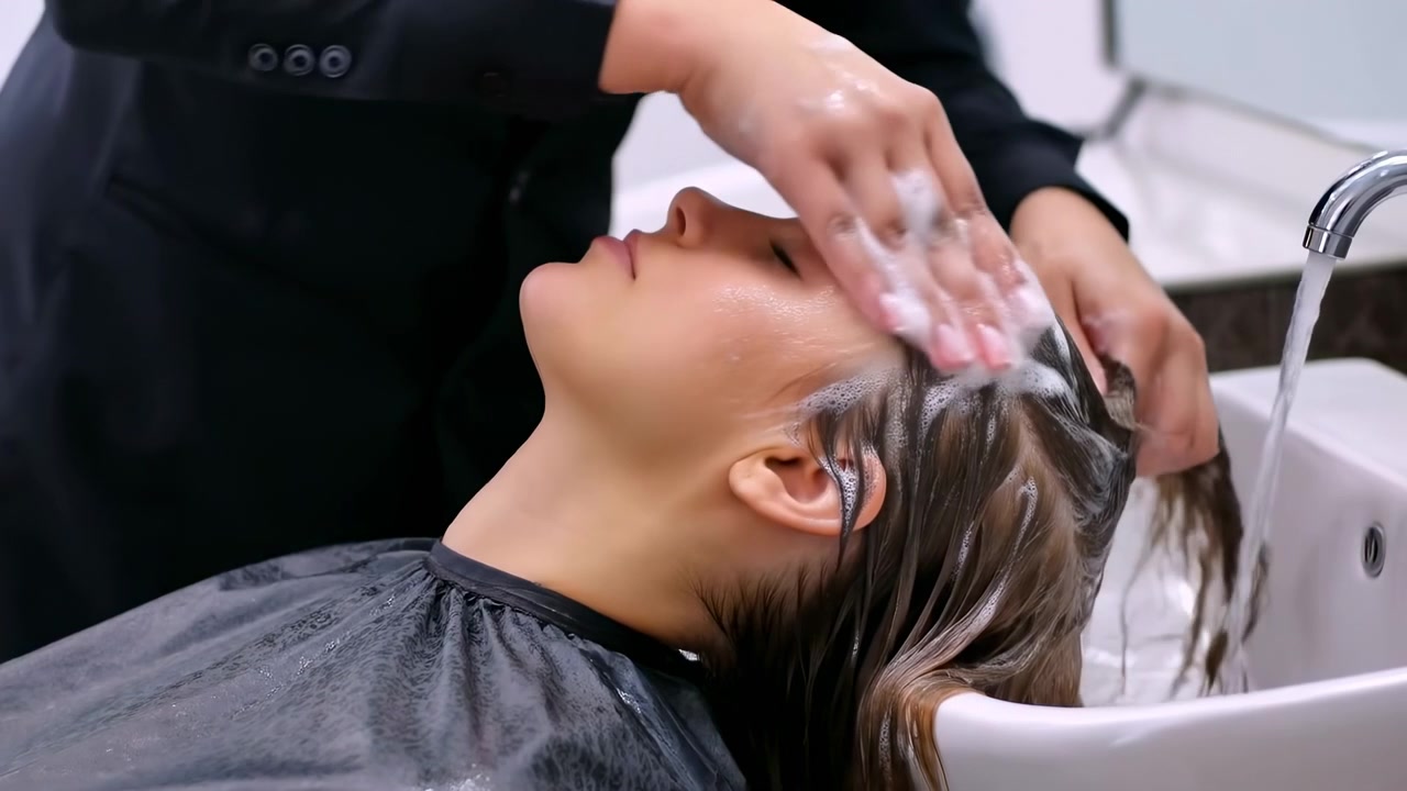 Un cliente si sta rilassando nell'area del lavatesta di un salone durante un lavaggio dei capelli. La scena cattura i capelli castani e la mantella nera del cliente mentre si sottopongono a un rilassante lavaggio dei capelli con lavatesta in plastica