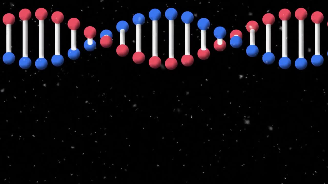 검은색 배경에 dna와 콘페티의 회전하는 가닥의 애니메이션