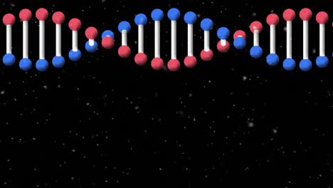 Animation-of-rotating-strand-of-dna-and-confetti-on-black-background