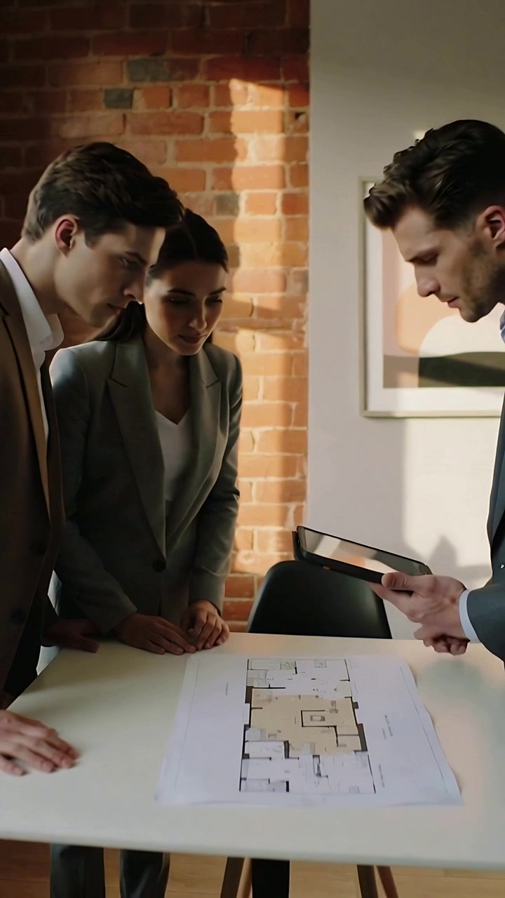Vídeo vertical: Comparando plano impresso com toques no tablet, trio revisando layout em mesa de ternos.