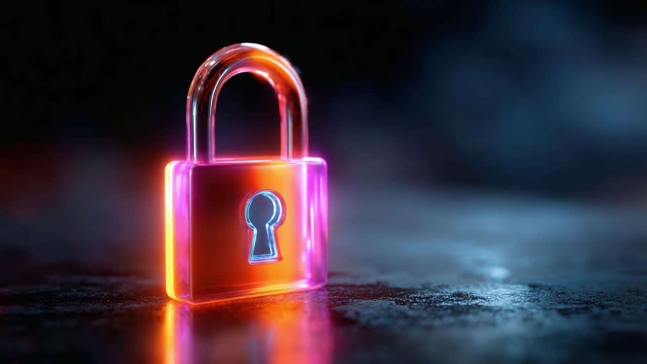 A Vibrant, Glowing Transparent Lock on a Dark Surface, Symbolizing Security, Protection, and Privacy in the Digital Age