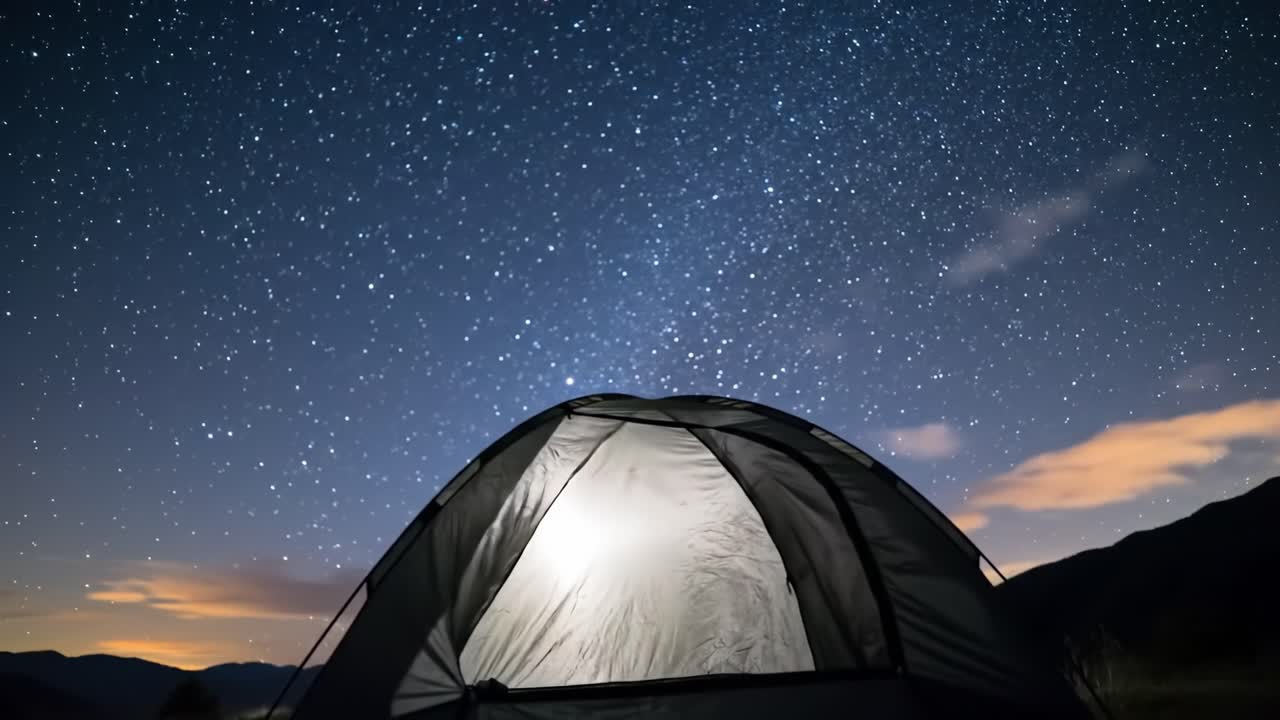 Starry Night Sky Over a Camping Tent: A Serene View of Nature's Canvas Illuminated by Stars and the Glow from Within