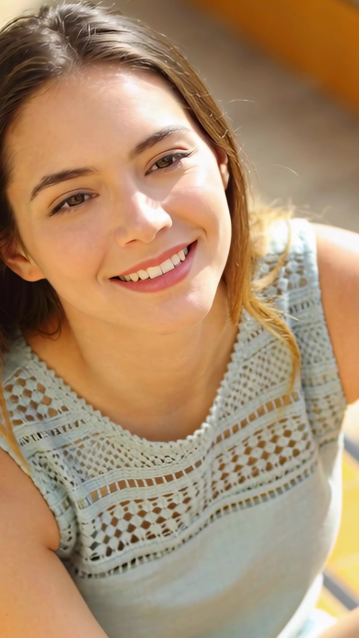 Video vertical: La luz del sol ilumina a una mujer con top azul sonriendo, parpadeando, moviéndose en una terraza con un libro.