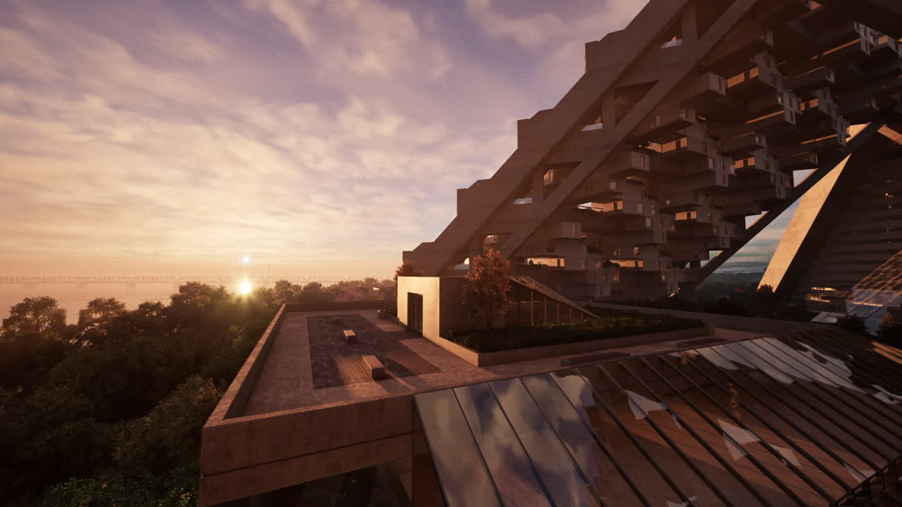 해가 지는 동안 미래의 콘크리트 마천루