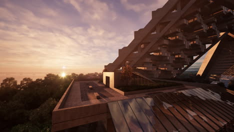 un rascacielos de hormigón futurista al atardecer
