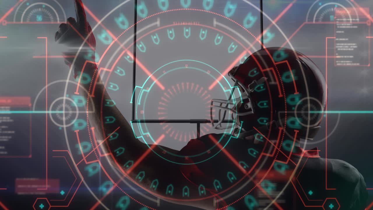 남성 아메리칸  ⁇ 볼 선수가 손가락을 가리키는 데이터 처리 애니메이션