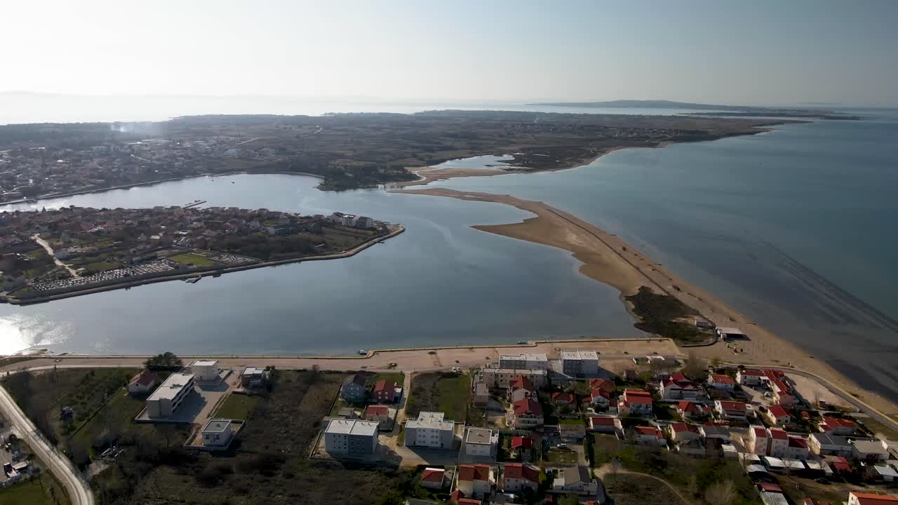 Drone flight over Nin city in Croatia wide view during the day