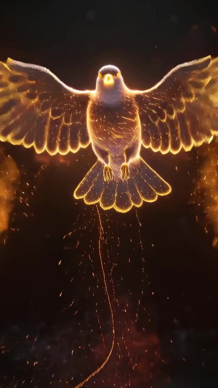 Video verticale: Luce del piedistallo che fa sorgere un uccello infuocato nel vuoto, illuminando il piedistallo.