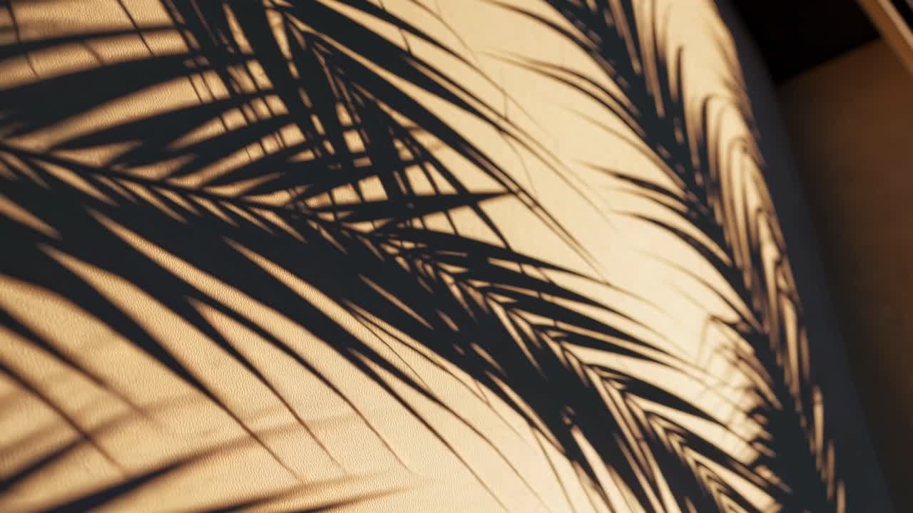Video captures palm leaf shadows on a textured wall from a low angle, creating a serene, tropical