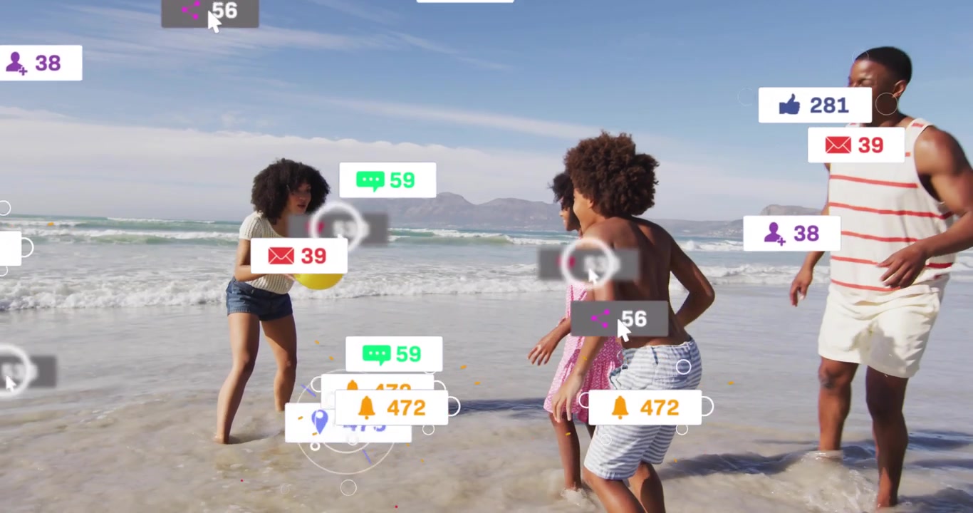Woman catching thrown beach ball at shore, animated icons surrounding family showing marketing KPIs