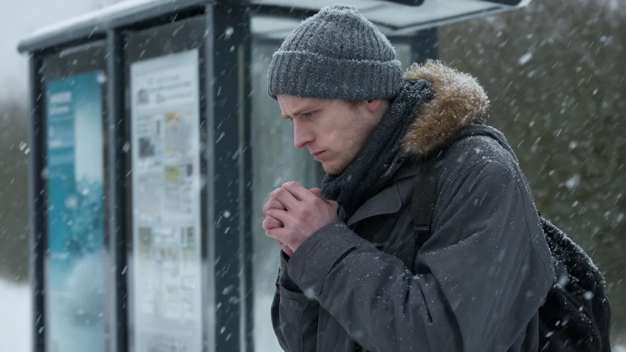 A Pensive Individual Braving the Winter Cold at a Bus Stop, Caught in a Snowy Moment of Reflection and Anticipation for His Journey Ahead