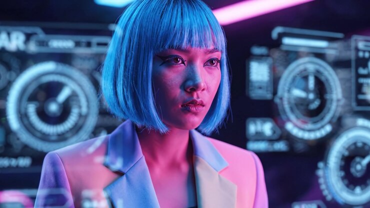 A futuristic scene featuring a woman with blue hair, adorned in a stylish outfit, immersed in a world of advanced technology and glowing interfaces.