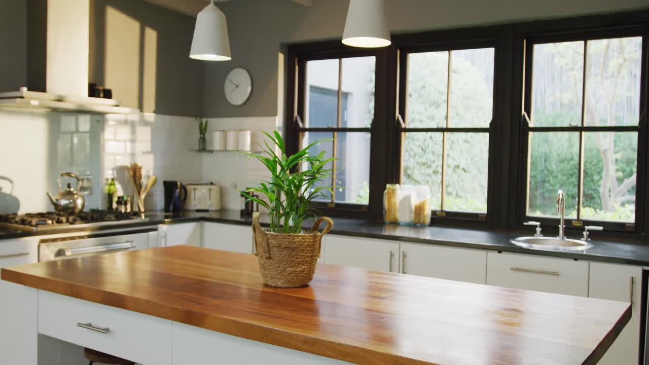 Interno di casa vuoto con finestra della cucina e pianta sul tavolo, movimento rallentato