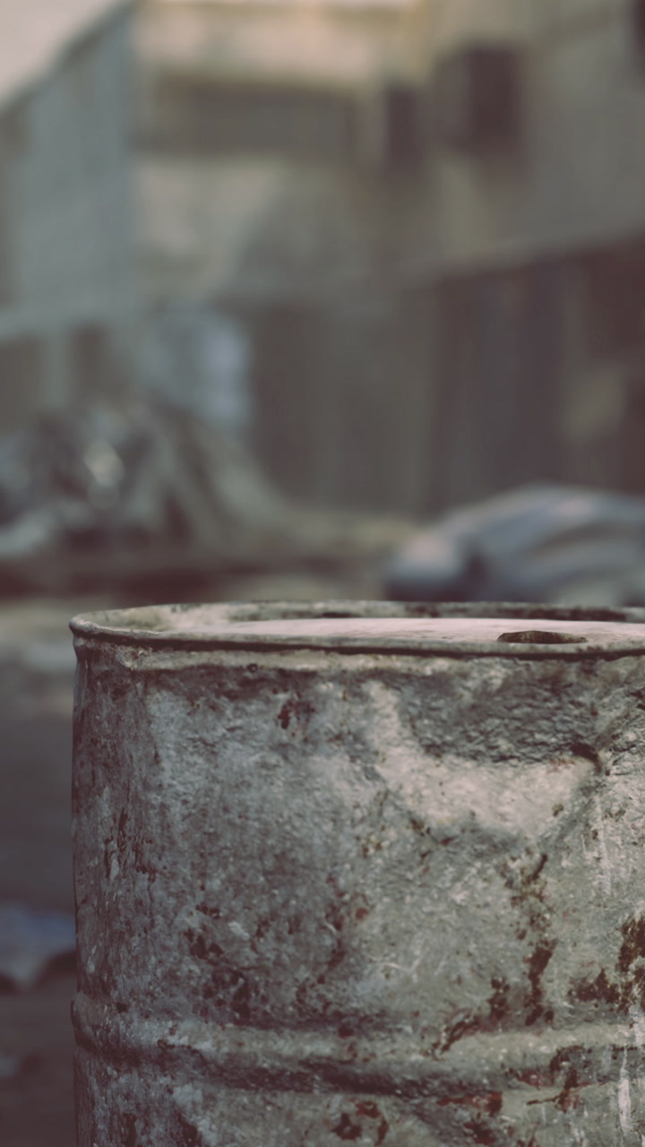 Rusty barrel stands against a blurred backdrop of a dusty forgotten place