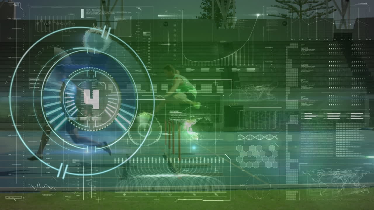 animación del procesamiento de datos en diversos corredores masculinos