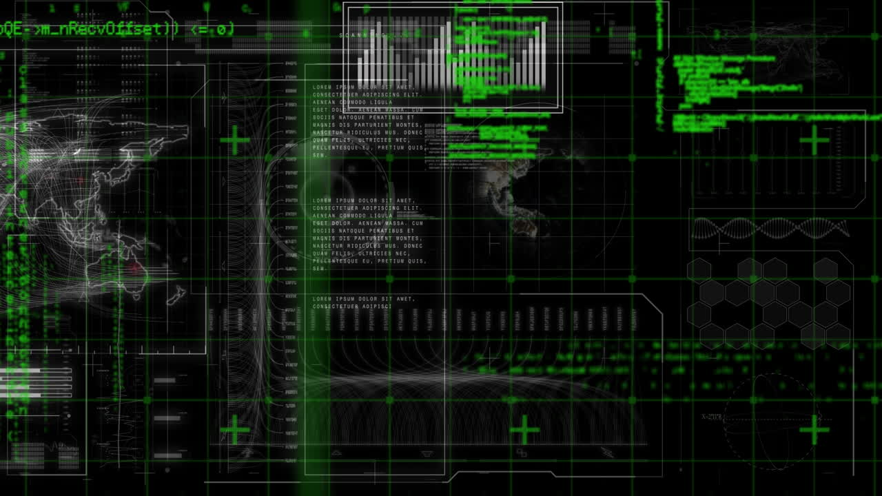 Animation of interface with scanner, world map and green processing data