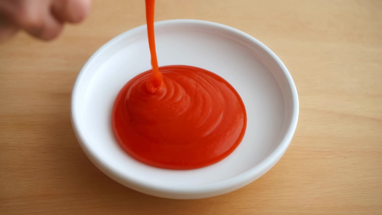 Vista ravvicinata dall'alto mostra una salsa rossa vivace che scorre da un contenitore in una piccola ciotola bianca, formando una pozza circolare liscia con increspature a strati su una superficie di legno pulita