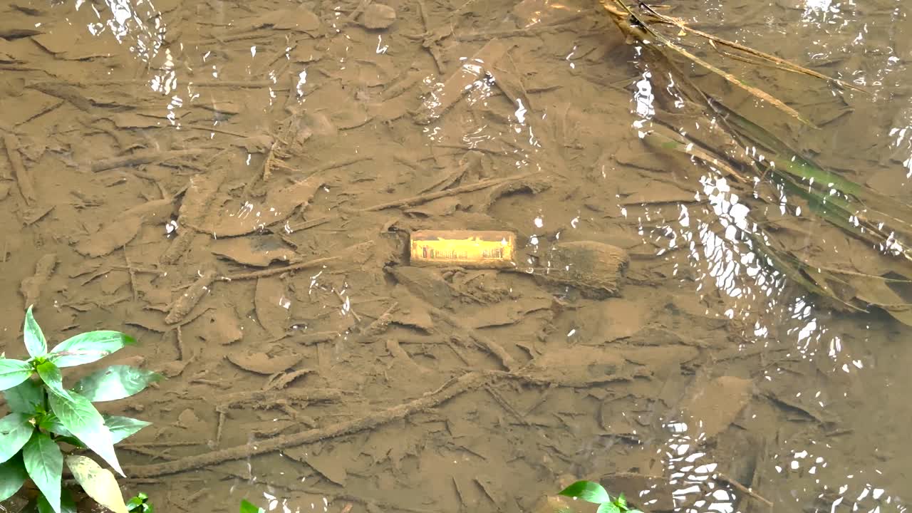 Dirty Water Of A Shallow Water With Litter