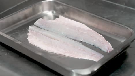 expert chefs skillfully showcase fresh fish fillets laid out on a gleaming metal tray, ready to be transformed into a gourmet dish in an energetic kitchen environment