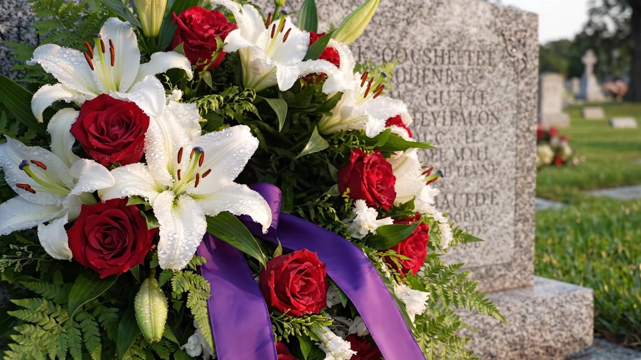 Un bellissimo omaggio floreale con rose rosse e gigli bianchi, che adorna una lapide in un tranquillo ambiente cimiteriale