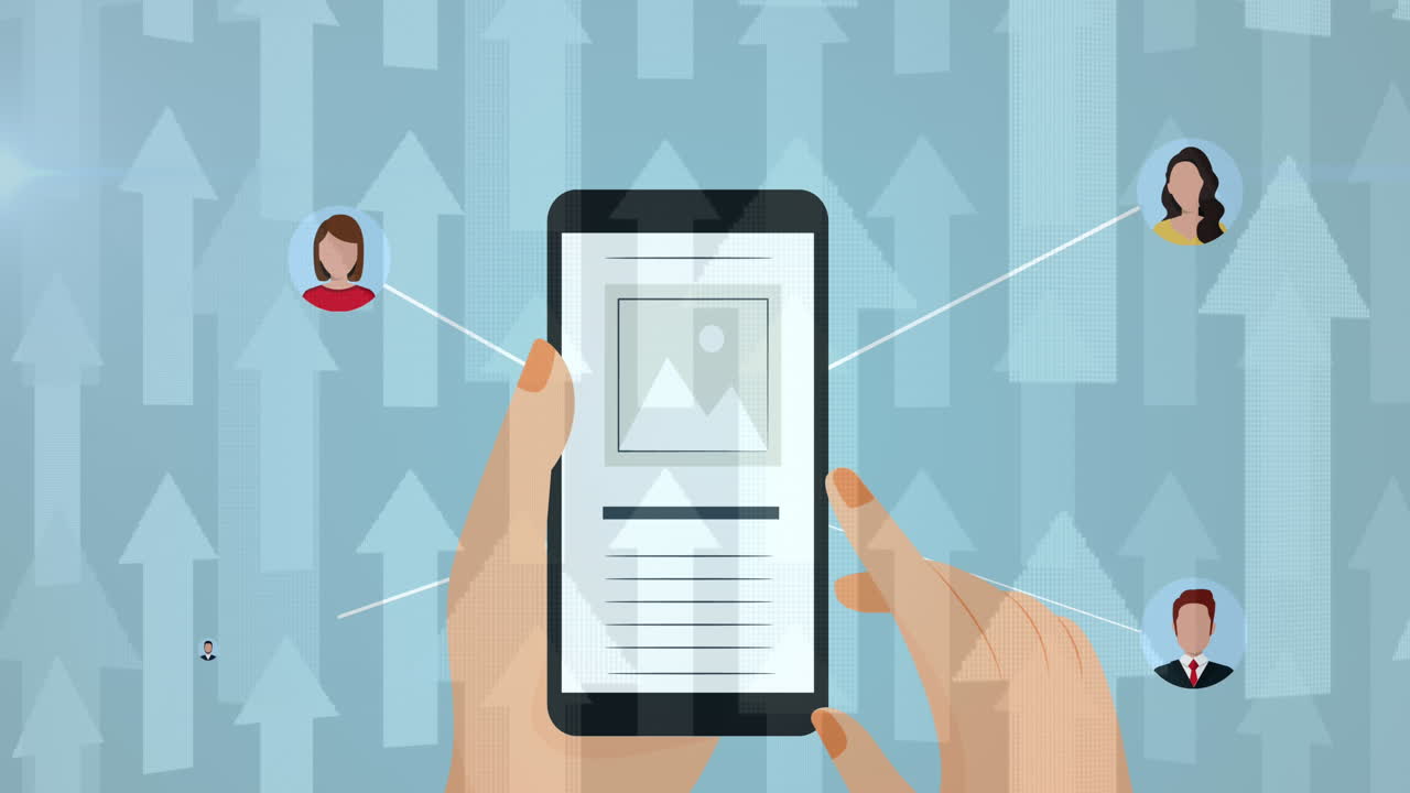 animación de la red con iconos digitales y persona que usa un teléfono inteligente con flechas