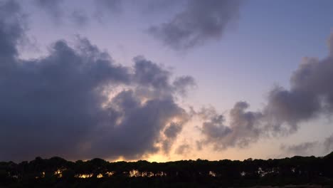 nubes que se mueven rápidamente sobre la línea de árboles al atardecer en la isla española de mallorca.