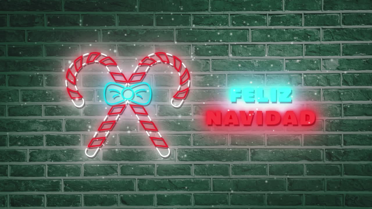 animación de neón temporadas de navidad saludos en español y decoraciones sobre la pared de ladrillo