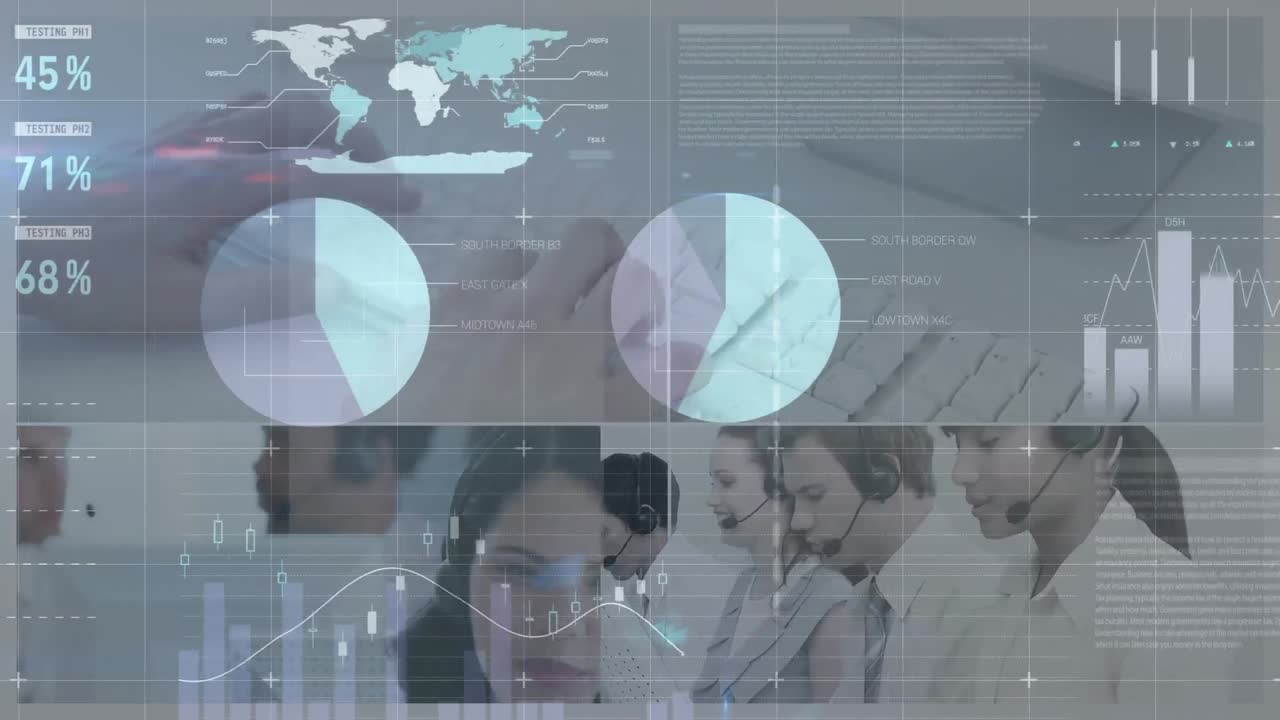 animación del procesamiento de datos financieros sobre diversas personas de negocios con auriculares telefónicos