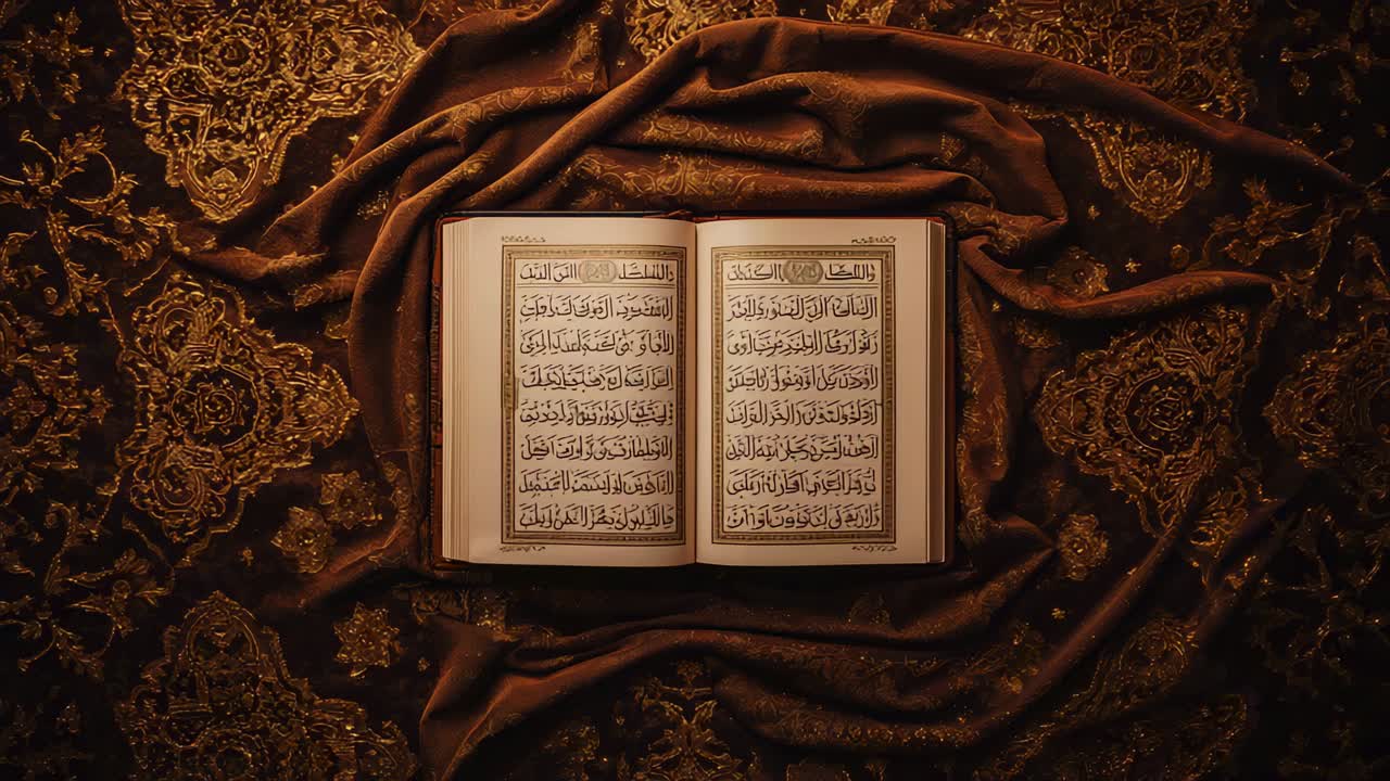 Camera recording Qur'anic book turning pages on brocade cloth with warm lighting for home devotion