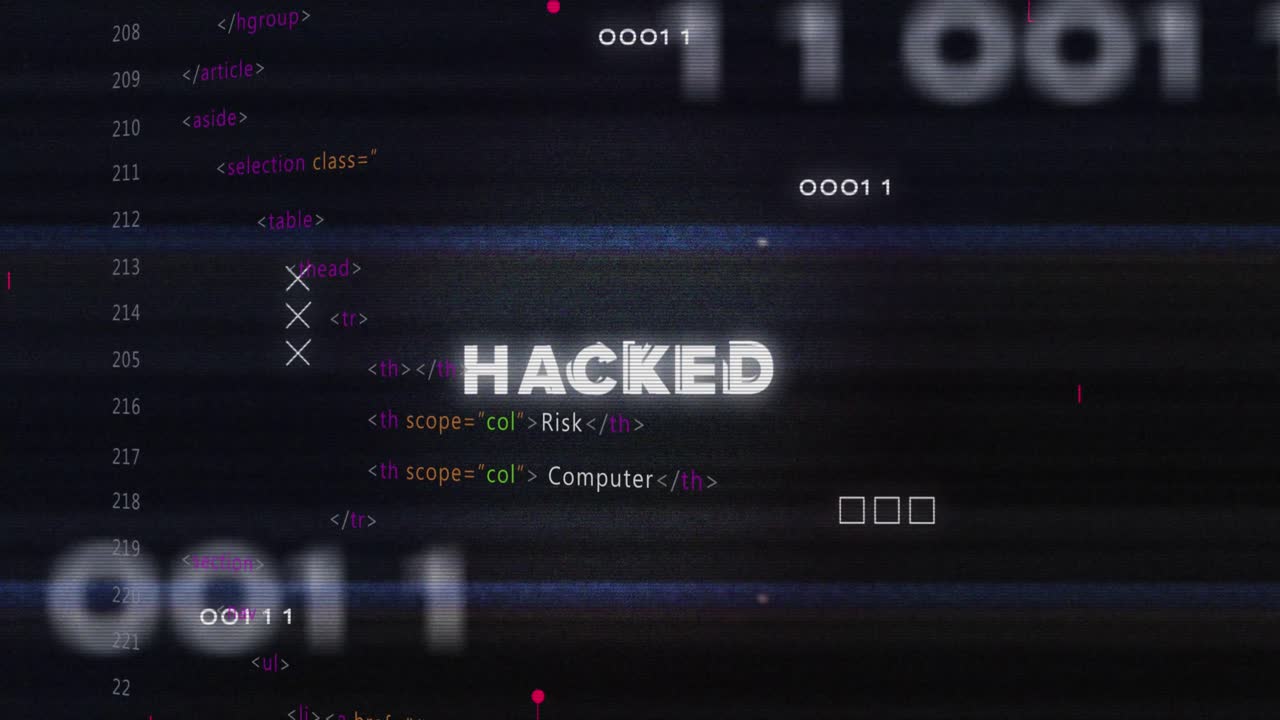 Animation of hacked text banner, microprocessor connections and data processing on black background