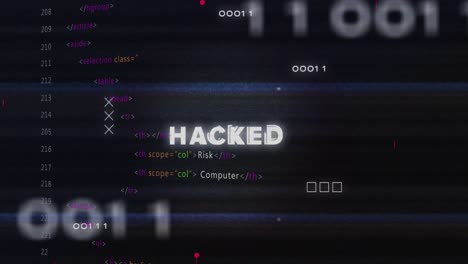 animation of hacked text banner, microprocessor connections and data processing on black background