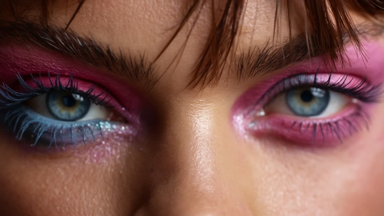 Close up macro shot of female eyes with bright pink eyeshadow and blue mascara makeup