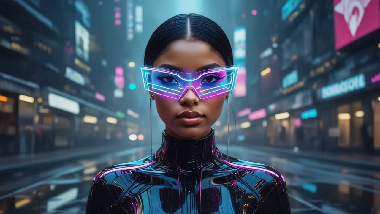 Futuristinen nainen neon-kyberpunk-kaupungissa